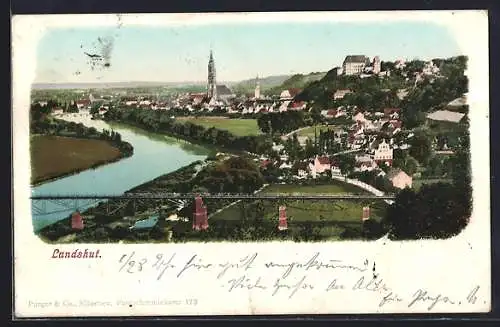 AK Landshut, Stadtansicht mit Isar, St. Martinskirche, Burg Trausnitz