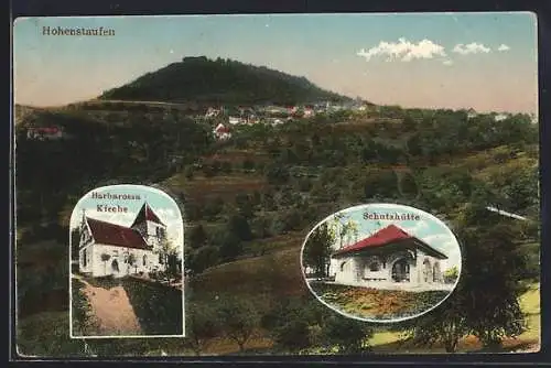 AK Hohenstaufen, Barbarossakirche, Schutzhütte und Ortsansicht