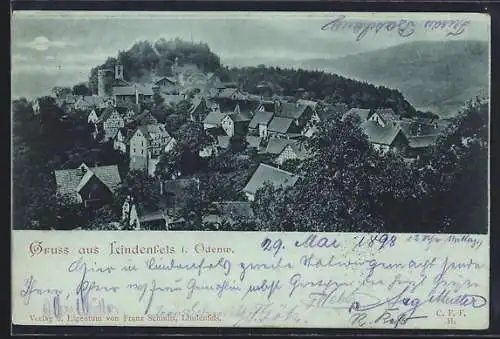 Mondschein-AK Lindenfels i. Odenw., Ortsansicht mit Kirche und Burg
