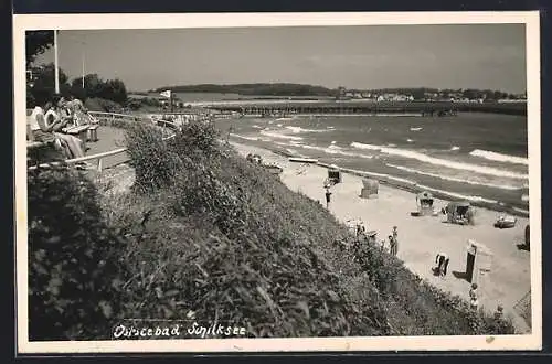 AK Schilksee, Strand mit Blick zur Seebrücke