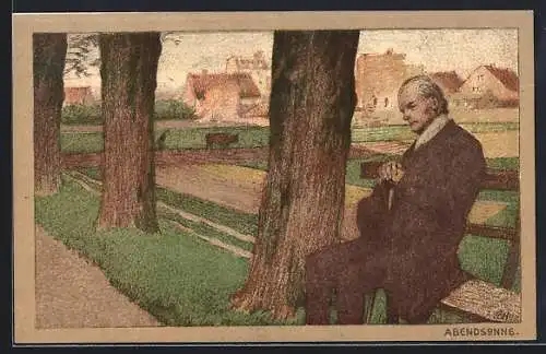 Künstler-Lithographie Paul Hey: Alter Herr sitzt in der Abendsonne auf der Bank