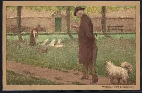 Künstler-Lithographie Paul Hey: Morgenspaziergang, Lesender Mann spaziert durch den Park, Dame hängt Wäsche auf