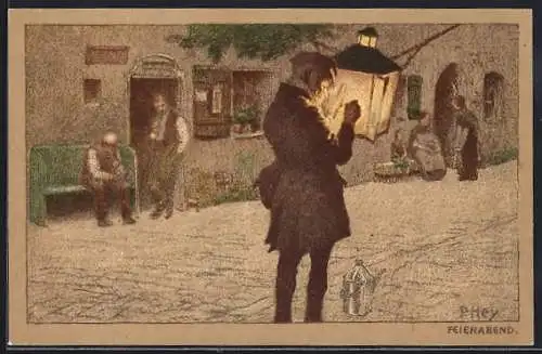 Künstler-Lithographie Paul Hey: Feierabend, Anzünden der Strassenbeleuchtung