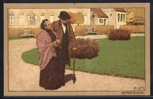 Künstler-Lithographie Paul Hey: Herbstsonne, Altes Liebespaar bei einem Spaziergang