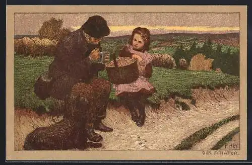 Künstler-Lithographie Paul Hey: Mädchen und alter Schäfer
