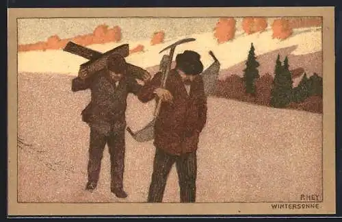 Künstler-Lithographie Paul Hey: Wintersonne, Auf dem Weg zur Arbeit