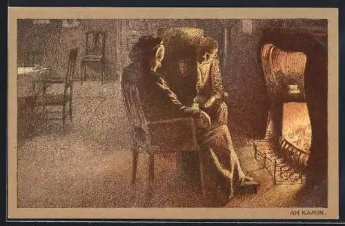 Künstler-Lithographie Paul Hey: Pärchen am Kamin sitzend