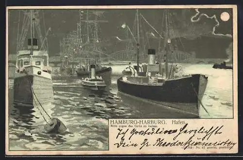 Lithographie Hamburg-Harburg, Hafen bei Nacht, Halt gegen das Licht