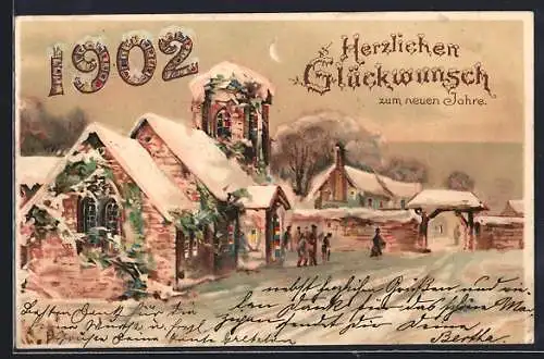 Lithographie Neujahrsgruss mit Jahreszahl 1902, Kirche mit leuchtenden Fenstern, Halt gegen das Licht