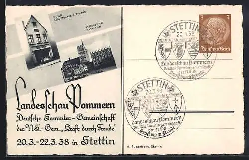 AK Stettin, Landesschau 1938, Geburtshaus Stephans in Stolp, Rathaus Stralsund, Ganzsache