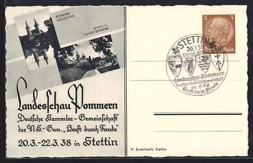 AK Stettin, Landesschau Pommern 1938 der NSG Kraft durch Freude, Hakenterrasse, Ganzsache