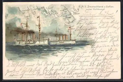 Künstler-Lithographie A. Heide: Kriegsschiffe SMS Deutschland und Gefion des Ostasiengeschwaders