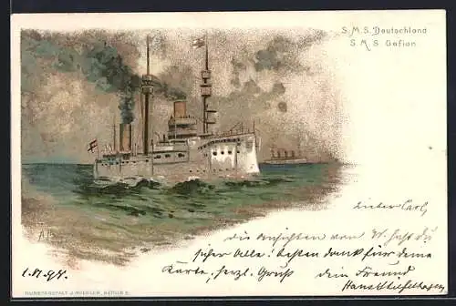 Künstler-AK A. Heide: Kriegsschiffe SMS Deutschland und SMS Gefion des Ostasiengeschwaders