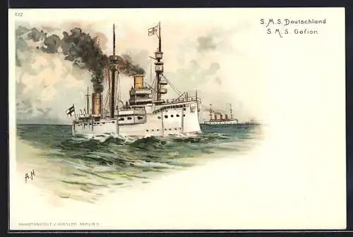 Künstler-AK A. Heide: Kriegsschiffe SMS Deutschland und SMS Gefion des Ostasiengeschwaders