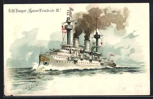 Künstler-AK Johann Georg Siehl-Freystett: S. M. S. Kriegsschiff Kaiser Friedrich III. auf hoher See