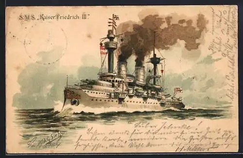 Künstler-AK Johann Georg Siehl-Freystett: Kriegsschiff, SM Panzer Kaiser Friedrich III.