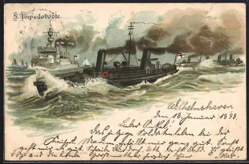 Künstler-AK Johann Georg Siehl-Freystett: Torpedoboote als Geleitschutz