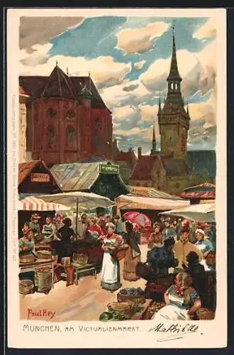 Künstler-Lithographie Paul Hey: München, buntes Marktleben auf dem Victualienmarkt
