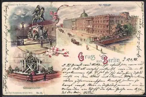 Lithographie Berlin, Kgl. Schloss, Denkmal d. gr. Kurfürsten, Schlossbrunnen, Ganzsache
