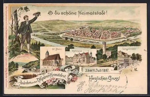 Lithographie Hann. Münden, I. Mündener Heimatsfest 1897, Weserblick, St. Blasii, Rathaus, Langestrasse, Ganzsache