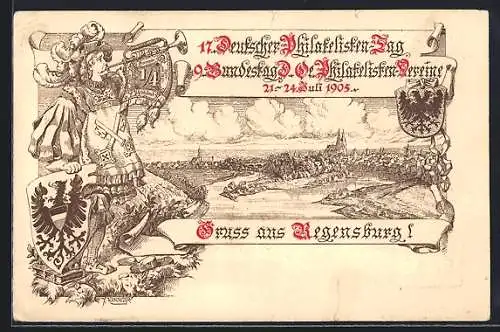 Lithographie Regensburg, 17. Deutscher Philatelisten-Tag 21.-24.07.1905, Panorama, Ganzsache Bayern