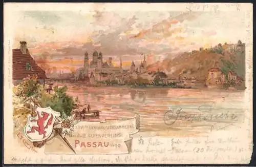 Lithographie Passau, 26. General-Versammlung des Alpenvereins 1899, Panorama, Ganzsache Bayern