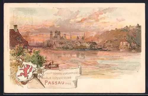 Lithographie Passau, 26. General-Versammlung des Alpenvereins 1899, Panorama, Ganzsache Bayern