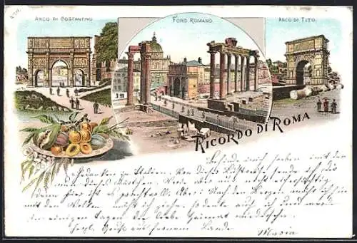 Lithographie Roma / Rom, Arco di Costantino, Foro Romano, Ansichtskarten-Reklame, Ansichtskartengeschichte