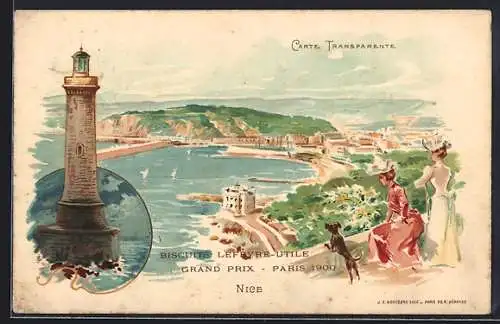 Lithographie Nice, Leuchtturm, Blick auf die Stadt, Gaufrettes Lu Biscuits, Halt gegen das Licht