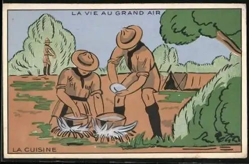 Künstler-AK La vie au grand air - la cuisine, Pfadfinder bereiten Essen zu