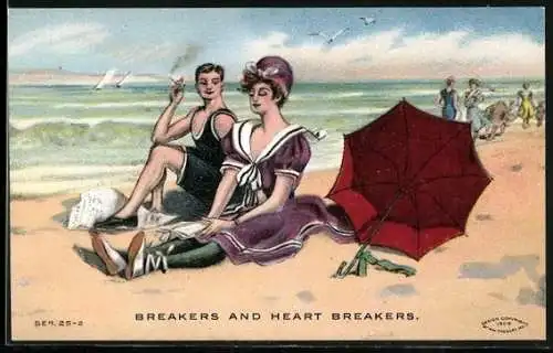 Künstler-AK Rauchender Mann und Dame am Strand, Badeanzug