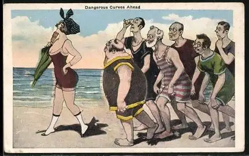 Künstler-AK Männer steigen einer Frau im Badeanzug nach