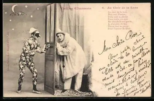 AK Harlekin und Clown an einer Tür