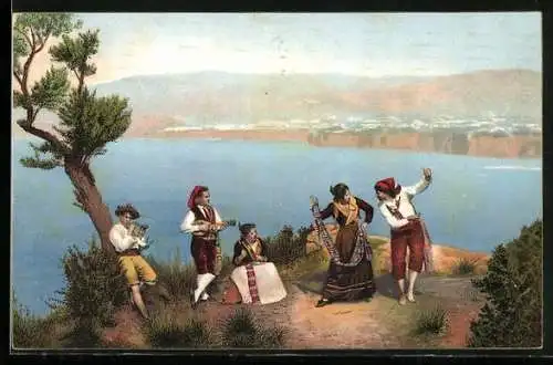 AK Neapel / Napoli, Tanzpaar u. Musiker in Volkstracht