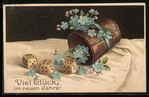 AK Würfel und Becher mit Vergissmeinnicht, Neujahr