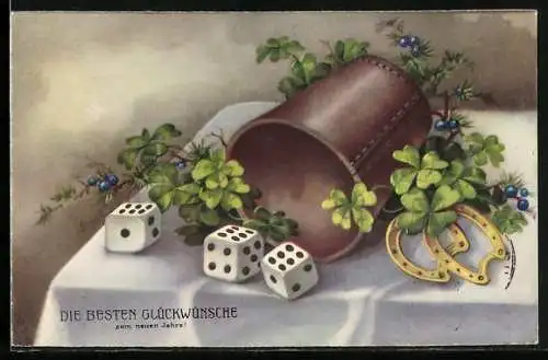 Lithographie Würfelspiel, Becher mit drei Sechsen, Hufeisen und Klee