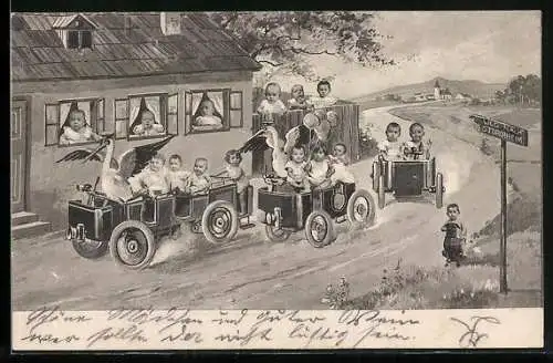 Künstler-AK Brüder Kohn (B.K.W.I) Nr. 765 /4: Babys im Auto mit Storch als Chauffeur