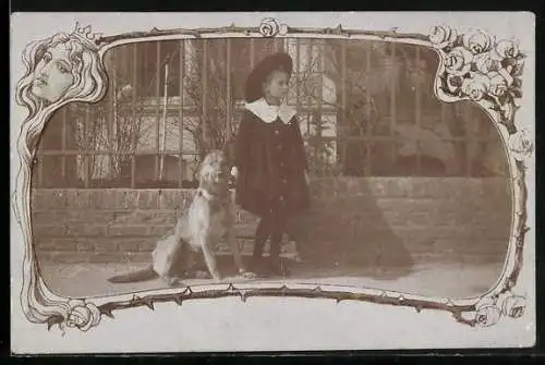 Foto-AK Mädchen mit Hund im Passepartout