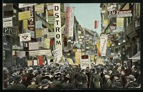 AK Leipzig, Petersstrasse mit Geschäften während der Mustermesse