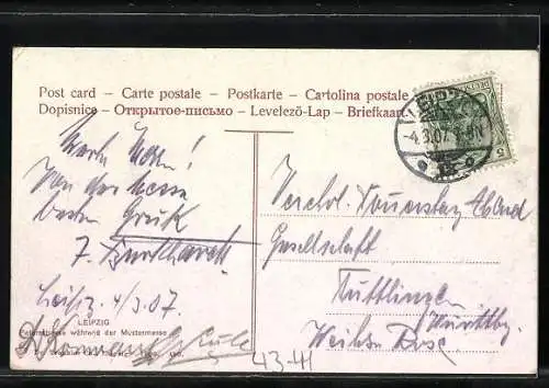 AK Leipzig, Petersstrasse mit Geschäften während der Mustermesse