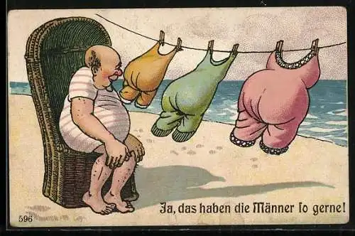 Künstler-AK Mann schaut auf Badeanzüge auf einer Wäscheleine, Erotik
