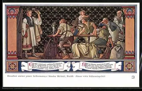 AK Erzsébet sörözö pince falfestménye..., Märchen Held Janos, Szene 3, Szene in Gasthaus