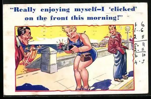 Künstler-AK Frau im Badeanzug mit Fotoapparat