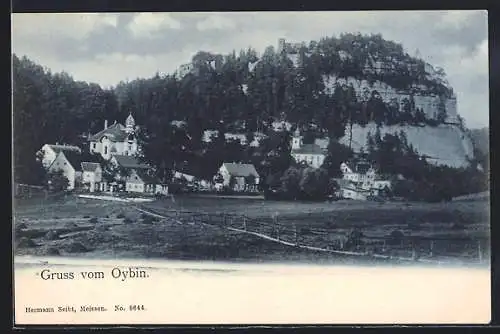 AK Oybin, Ortsansicht mit Bergfels