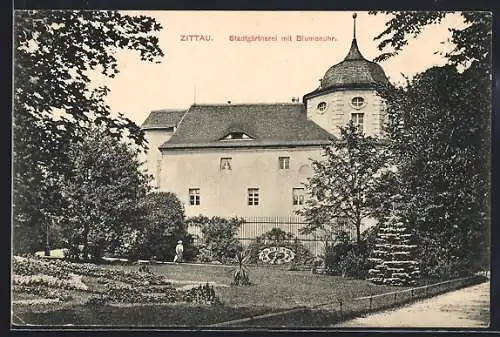 AK Zittau, Stadtgärtnerei mit Blumenuhr