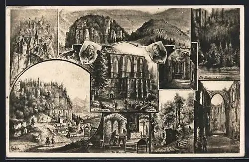 Künstler-AK Oybin, Kirchruine, Kloster und Museum