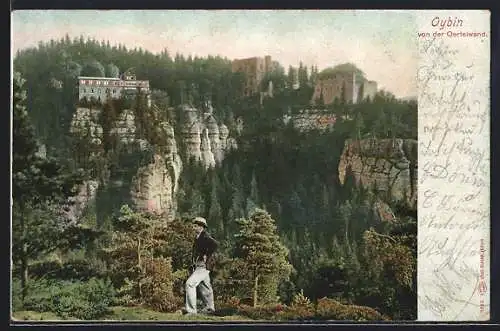 AK Oybin, Panorama von der Örtelwand, Wanderer
