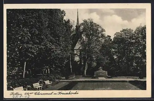AK Zittau, 102er Ehrenmal u. Kreuzkirche