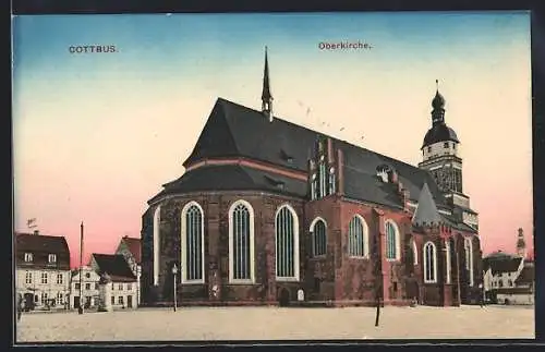 AK Cottbus, Oberkirche mit Strassenpartie