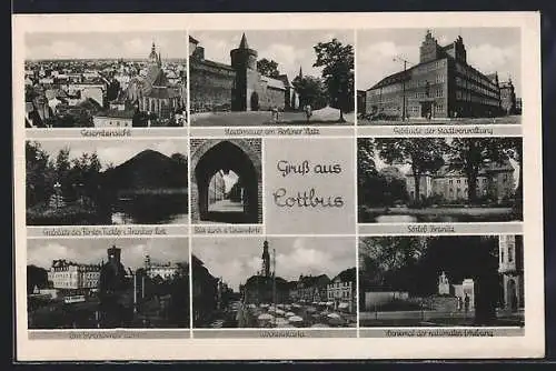 AK Cottbus, Theater, Wochenmarkt, Denkmal der nationalen Erhebung, Partie am Spremberger Turm, Grab des Fürsten Pückler